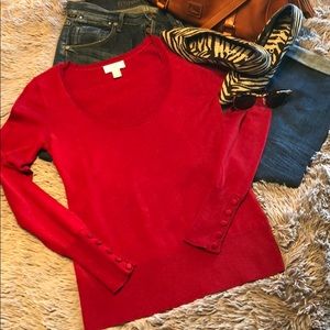 Loft U-neck fitted red sweater- button cuff detail